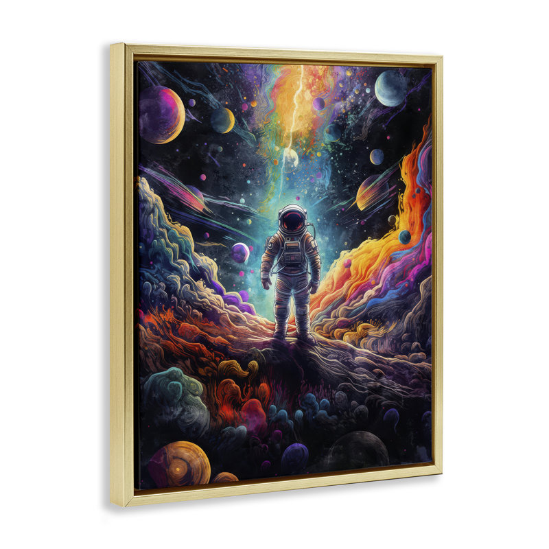 Astronaute sur la planète, art mural encadré par Nina Blue, Cadre flottant métallique doré, H 21 po x l 17 po