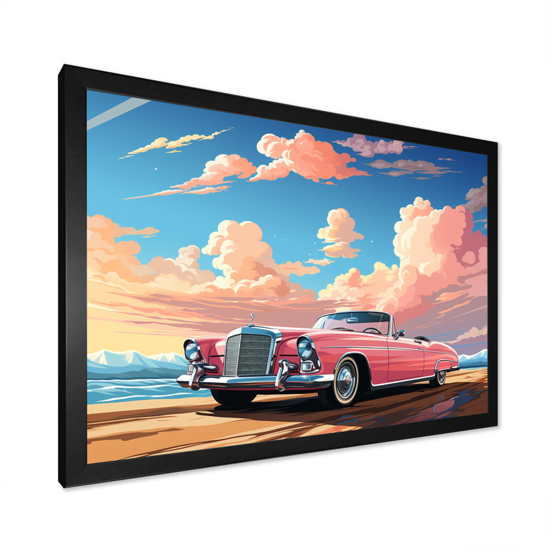 Voiture rose Cadillac rose au coucher du soleil III - voiture ancienne, art mural américain, Cadre d'angle fermé noir