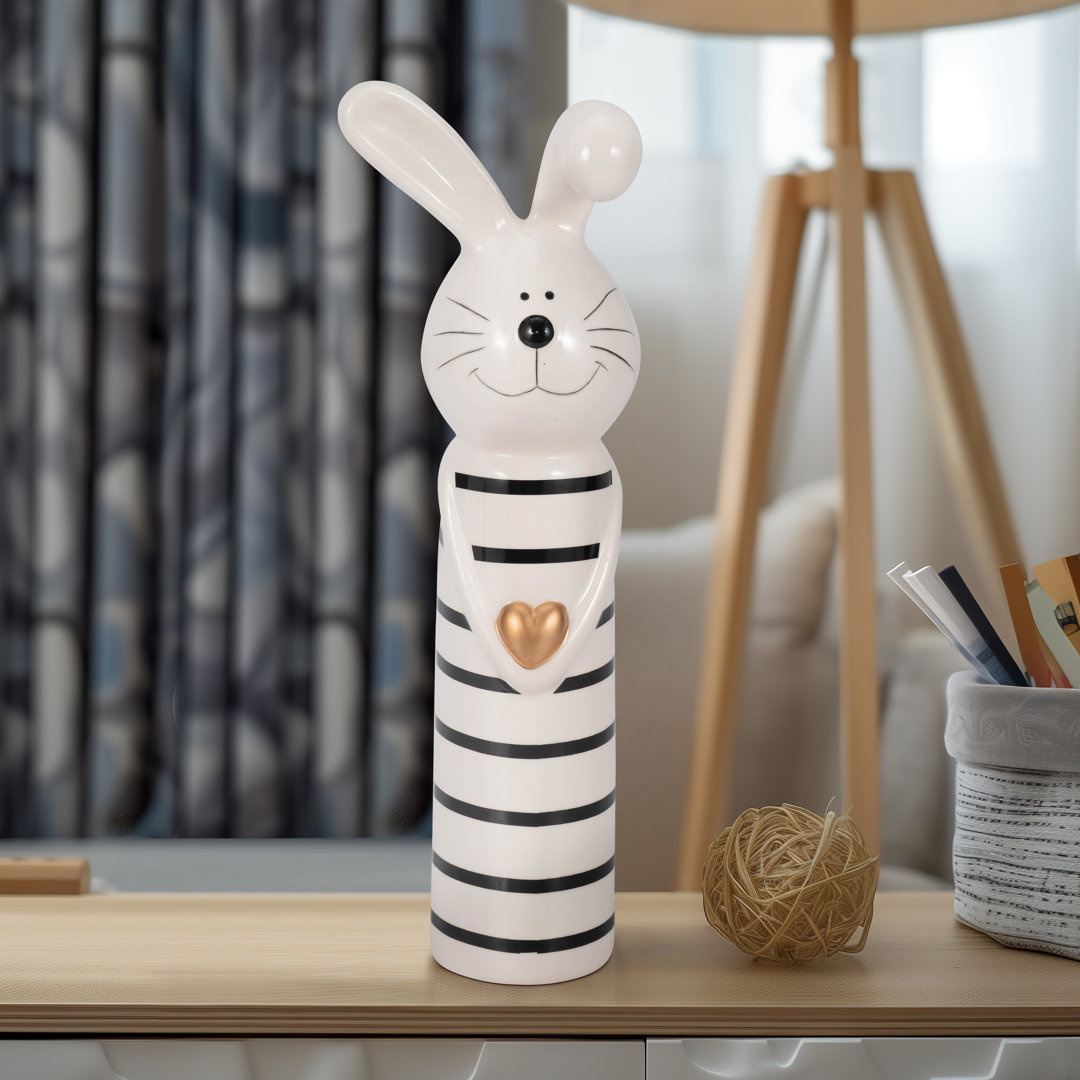 Ceramic Bunny Figurine with Striped Design and Heart Accent - Handcrafted Decorative Sculpture for Home Decor and Gifting. Trinx 