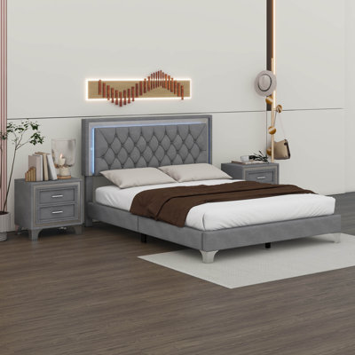 3-Pieces Bedroom Sets,Queen Size Upholstered Platform Bed With LED Lights And Two Nightstands
