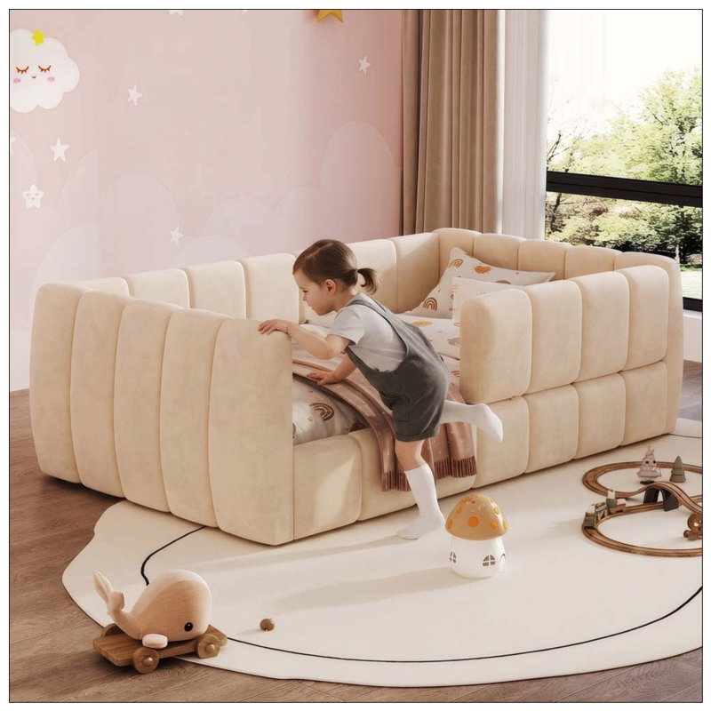 Lit de jour rembourré avec garde-corps amovible, Beige