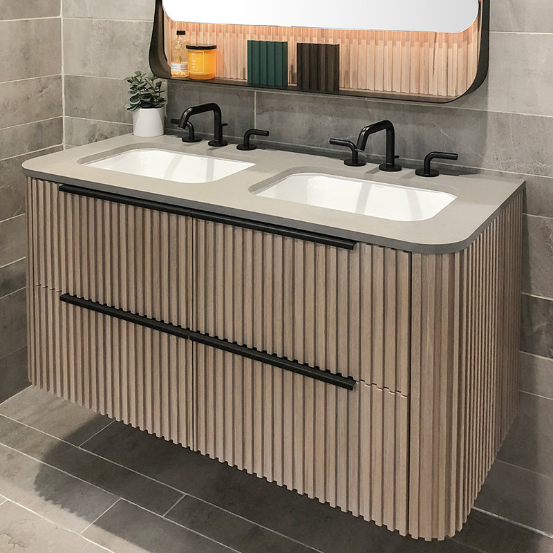 Flutti 48" Double Sink Vanity, Solid Surface Gloss White/3 Faucet Holes, Polished Chrome, Sage