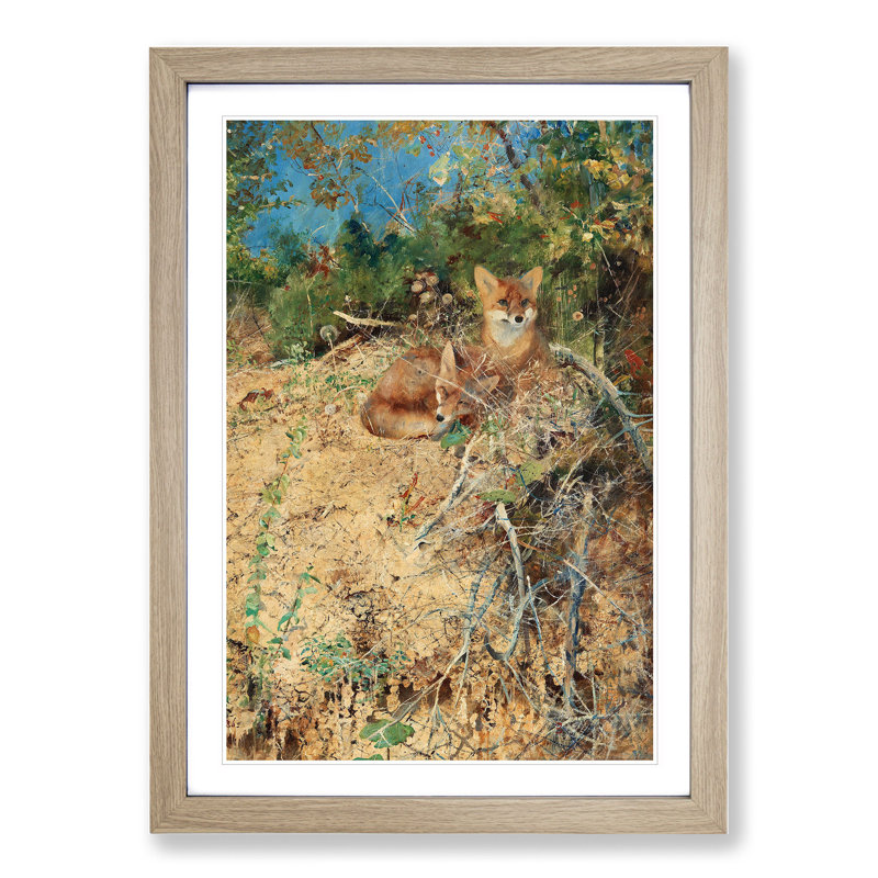 Fox Cubs by Bruno Liljefors - Picture Frame Painting, Oak Framed, 65cm H x 48cm W x 2cm D