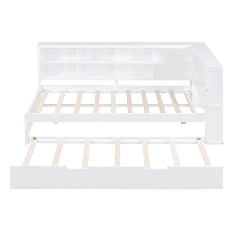 Wooden Twin Daybed with Trundle, Storage Shelf & USB Charging Ports, Stylish Sofa Bed for Bedroom,White, White