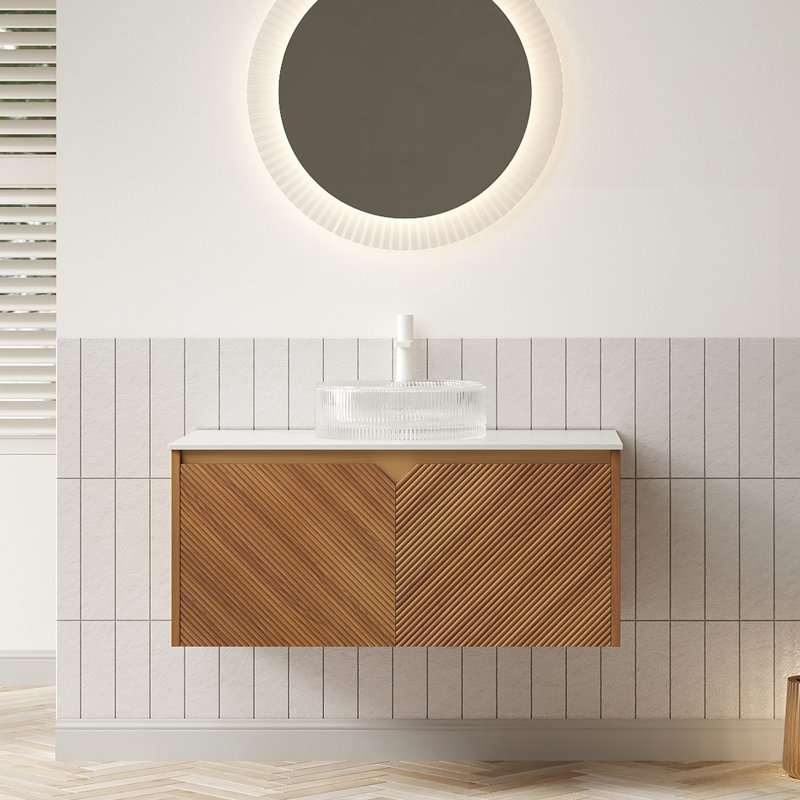 Transparent Round Glass Vessel Basin 36" Bathroom Vanity, Floating Plywood Cabinet With Twill Double Doors, Metal Trim, White Sintered Stone Top And Soft Close System Vanity Featuring Basin, Top,