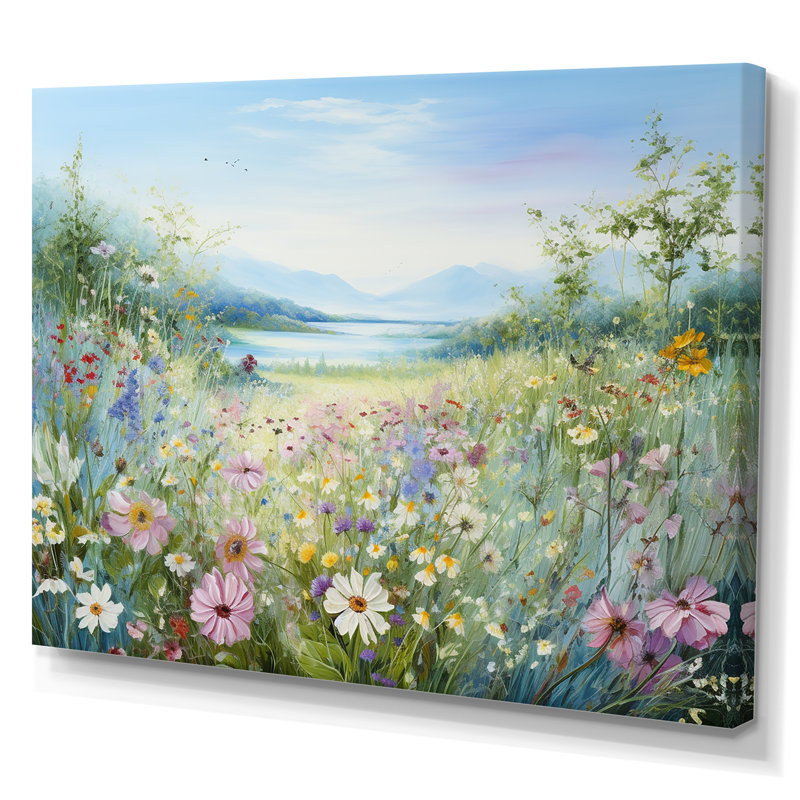 Simplity Wreath Green Flower Field - Art mural grand champ de fleurs, Toile tendue, H 34 po x l 44 po x P 1,5 po