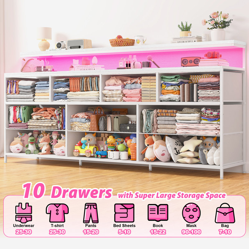 Commode 10 tiroirs 55 po pour chambre à coucher avec tablettes ouvertes à 2 niveaux, commode longue avec éclairage à DEL et prises de courant