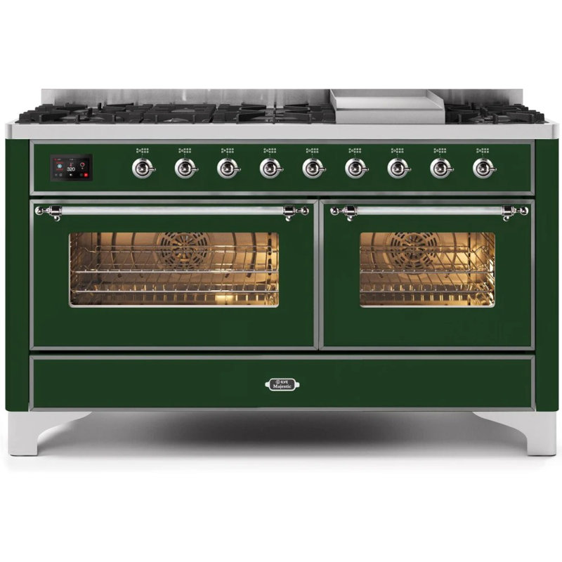 ILVE UM15FDNS3BGG Majestic II 60 inch Dual Fuel Range with 9 Burners, Griddle (Natural Gas, Triple Glass Door, Blue Grey, Brass)