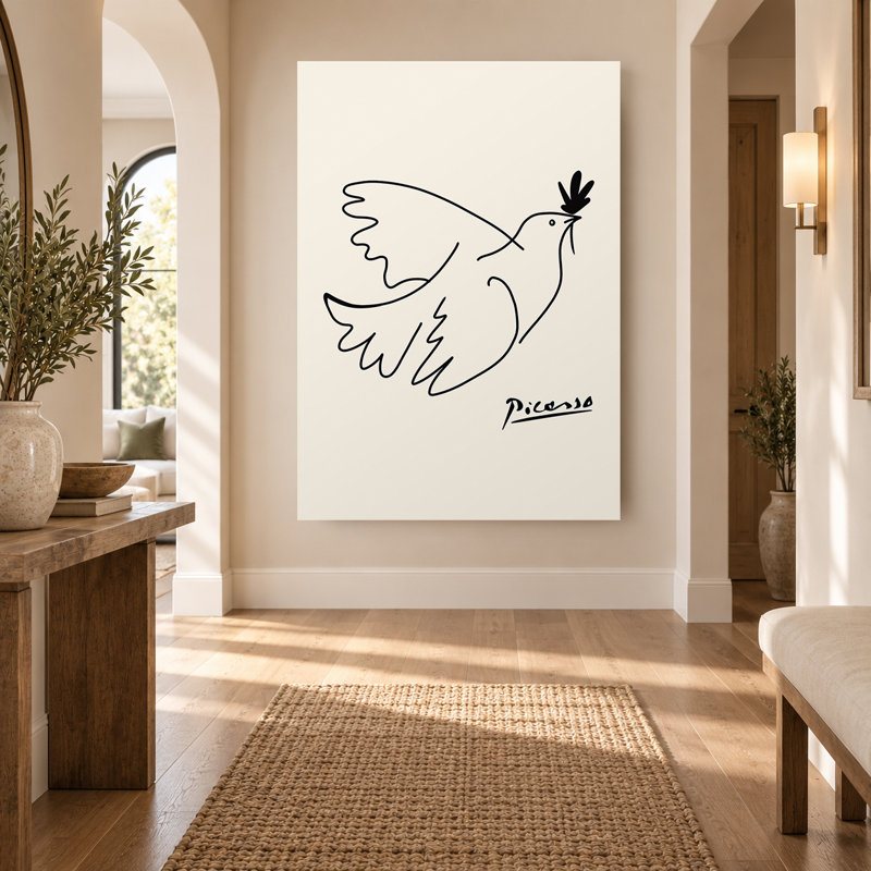 Dessin minimaliste de colombe noire au trait, art mural neutre sur toile, 18" H x 12" W
