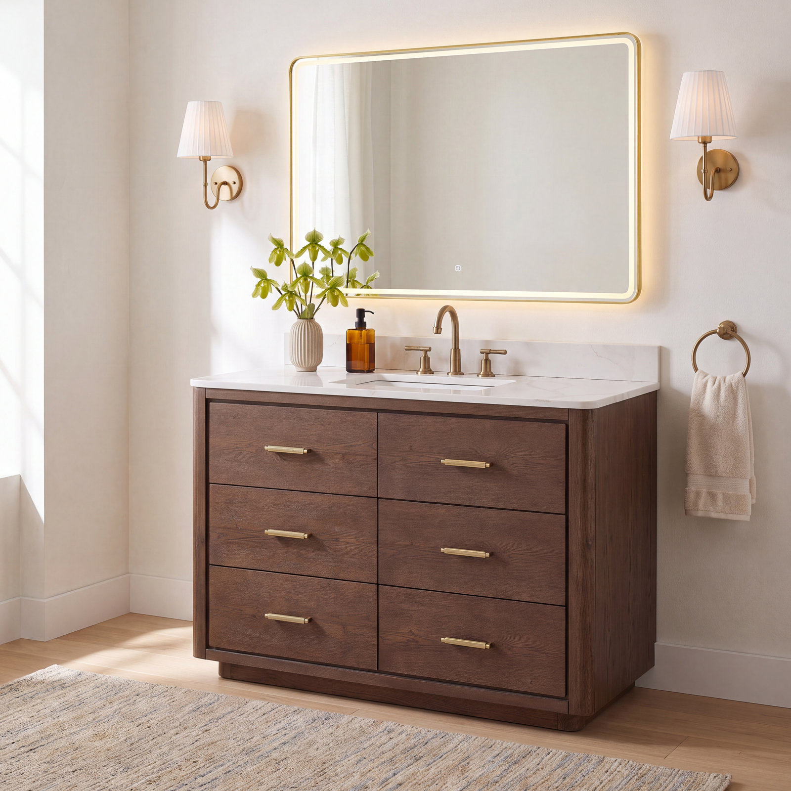 Porto 48'' Single Bathroom Vanity, Dark Brown, Gold 