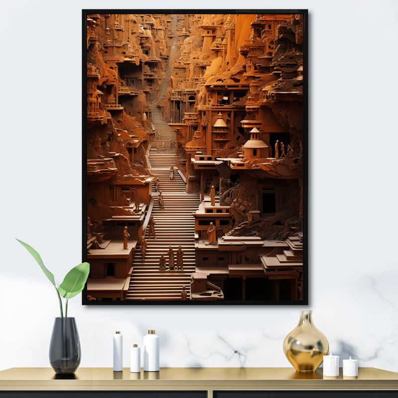 «Hinduism Yatras Sandalwood Steps», reproduction d'art sur toile, Cadre flottant noir, H 44 po x l 34 po x P 1,5 po