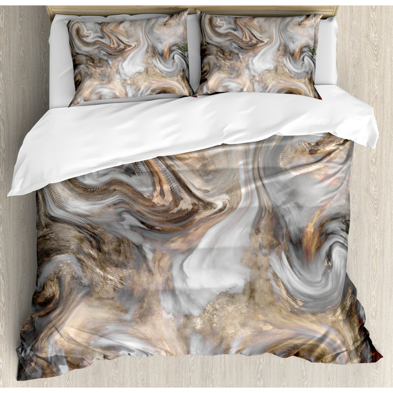King Marble Print Gray and Brown Duvet Cover Set