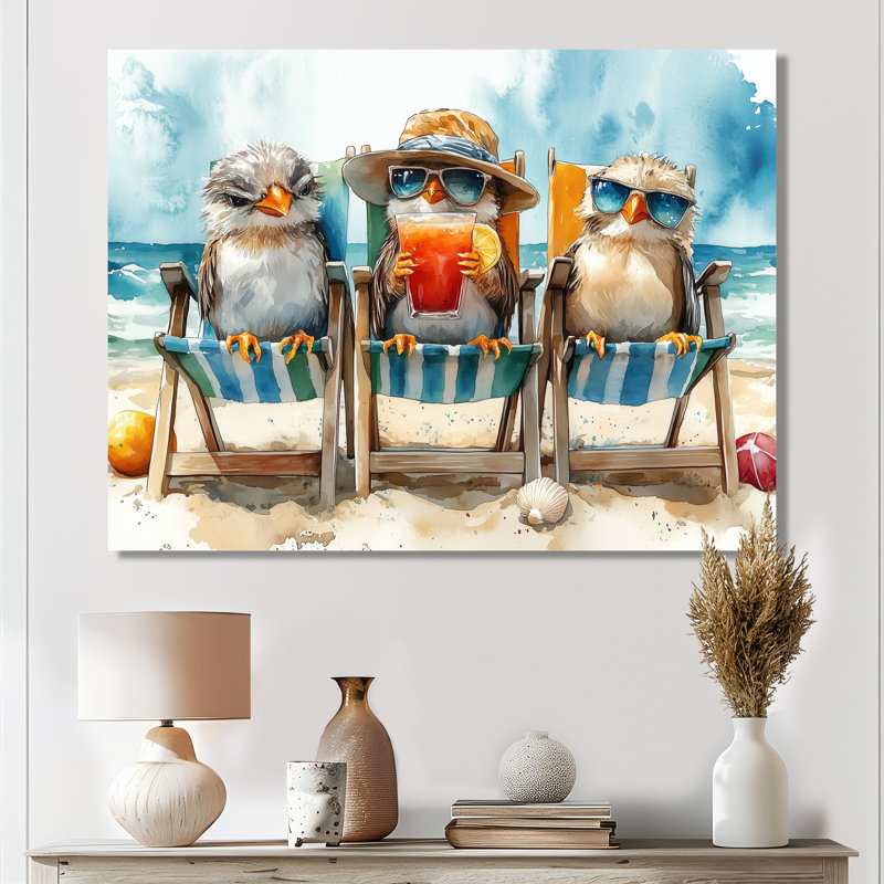 Canaries On The Beach Lounging Chair - Coastal Animal Wall Art Print, Metal, 24" H x 32" W x 1" D