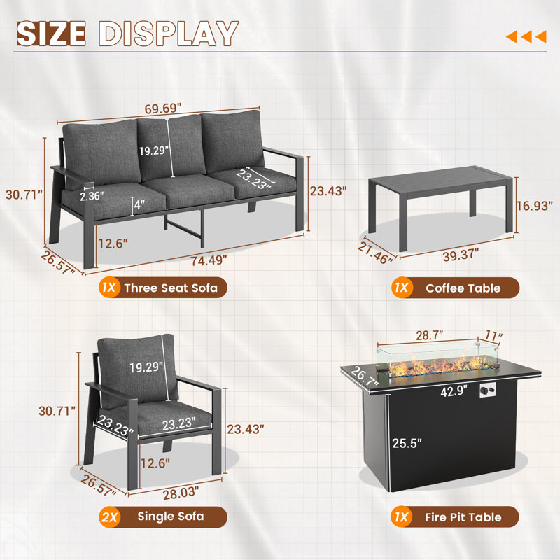 Ensemble de conversation d'extérieur en aluminium pour 5 personnes avec foyer et table basse, Gris, Oui