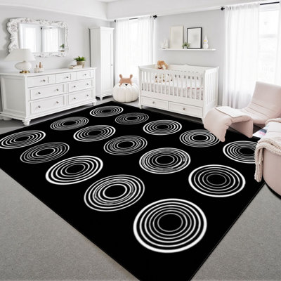 Tapis lavable 240 x 300 cm, noir, à poils courts, à motifs géométriques circulaires concentriques, avec envers antidérapant en TPE. Parfait pour le salon, la chambre à coucher, la salle à manger et le bureau.