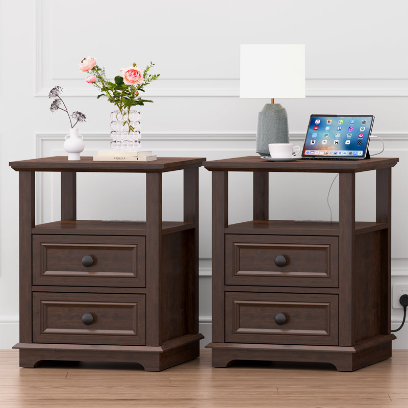 Cherry MDF End Table Set with Storage and Built-In Outlets