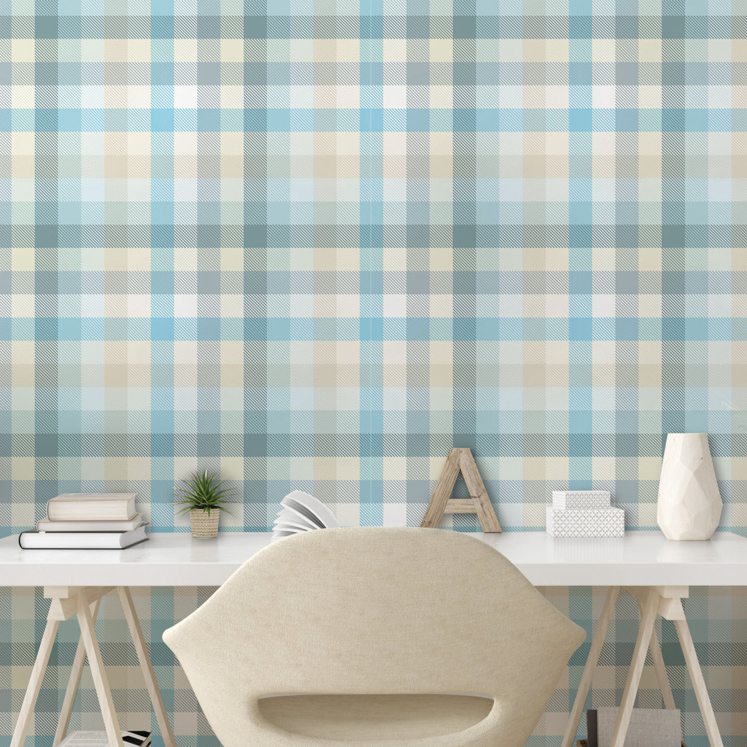 Abzieh- und Klebetapete, Pastellfarbenes Tartan-Kunstwerk, Gingham, Weiß Hellblau