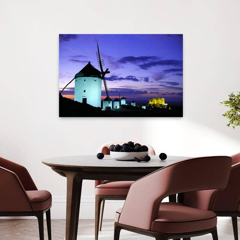 Old Traditional Windmills On Hill At Sunset, Consuegra, Castilla La Mancha, Spain Contemporary Architecture Wall Art