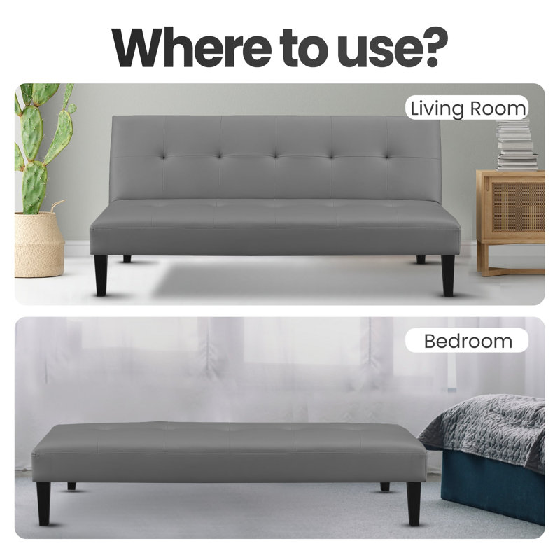 Armaquis Twin 66'' Faux Leather Convertible Sofa, Gray Faux Leather
