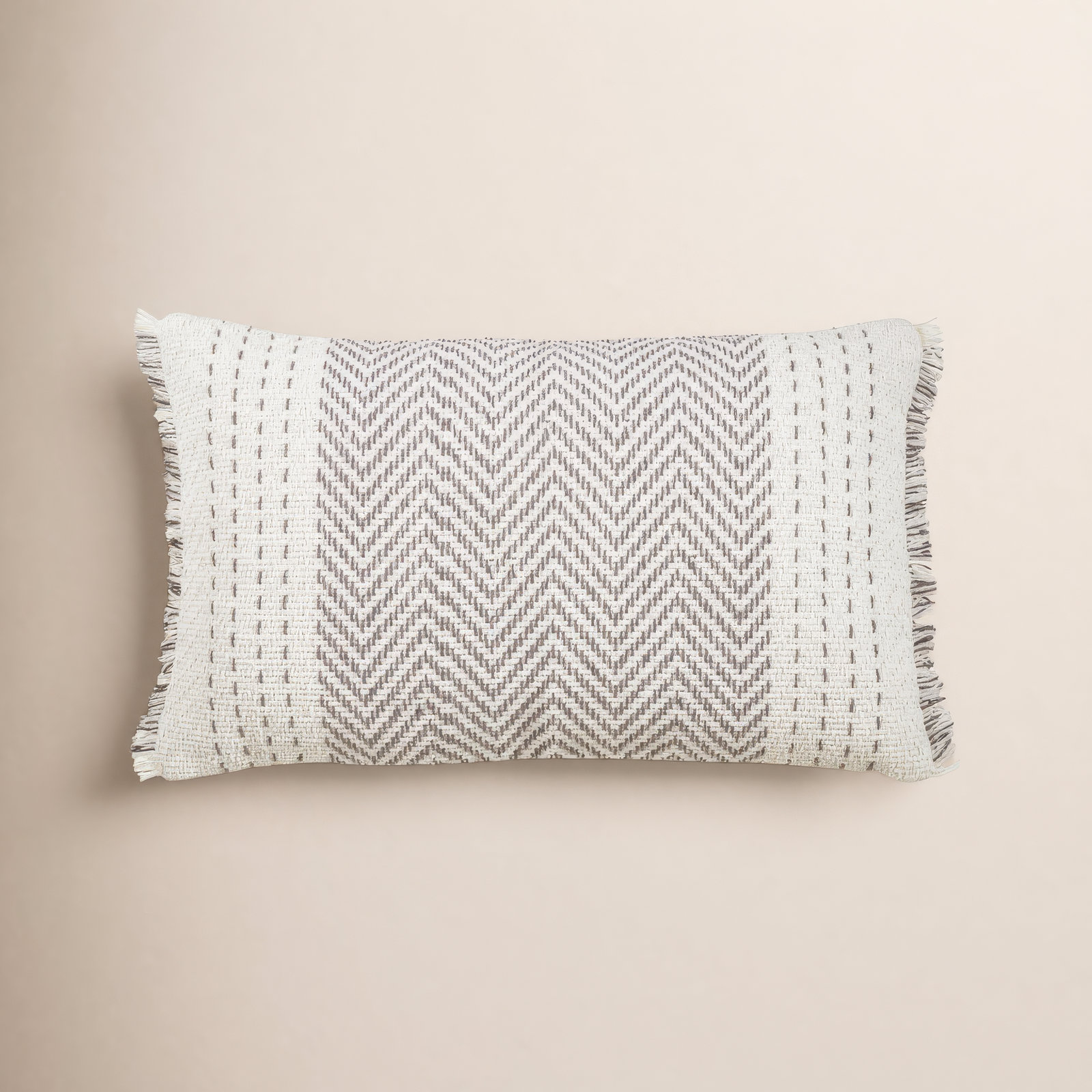 Carey Fringed Cotton Lumbar Throw Pillow, Feathers, Gray/Ivory