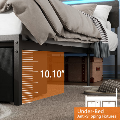 Queen Bed with 2 Drawers and Open Storage Headboard, Adjustable LED Light and Charging Station, No Box Spring Needed