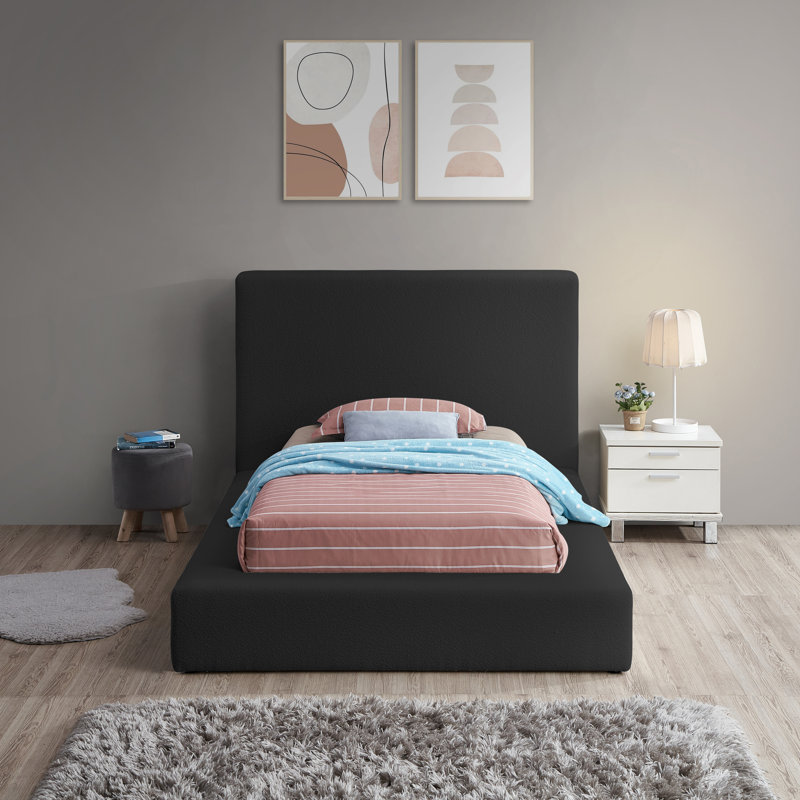 Issaias Upholstered Panel Storage Bed, Black Boucle Fabric, Twin