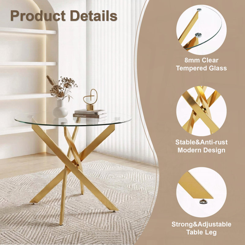 35.5" Round Glass Dining Table – Gold Legs, 8mm Tempered Glass, Gold