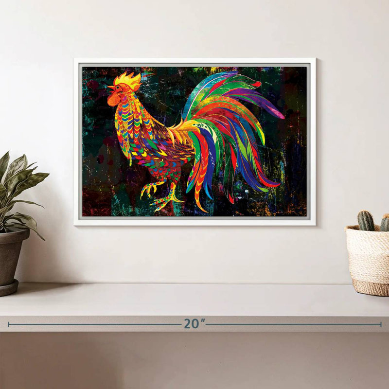 Coq abstrait multicolore, Cadre flottant blanc, 13 po x 9 po