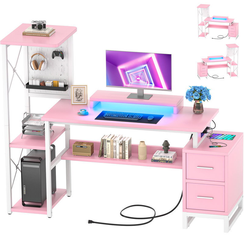 Reversible L Shaped Desk with Power Outlets and Fabric Drawers, Pink/White
