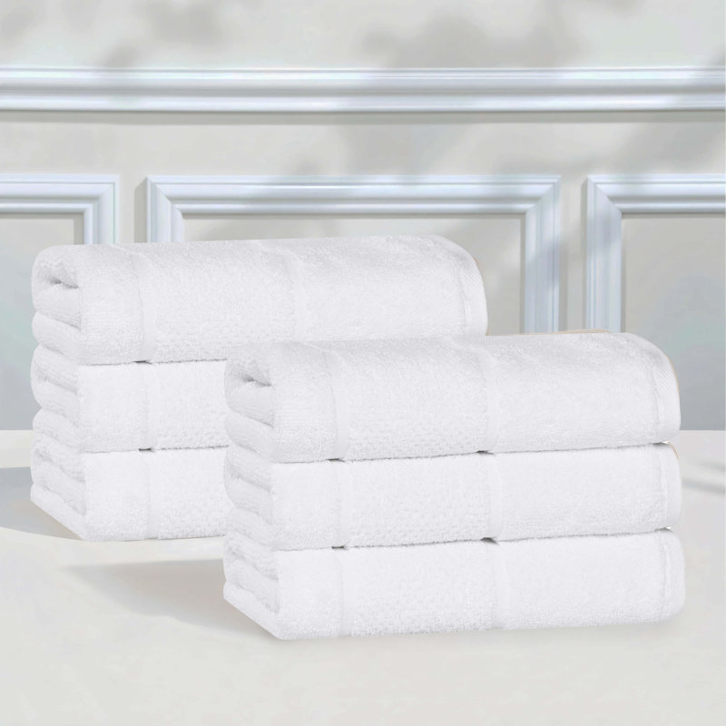 Mile Smart Twist Viscose Cotton Blend Medium Weight Solid Thick Border Towel Set, White, Hand Towel - 6 Pack