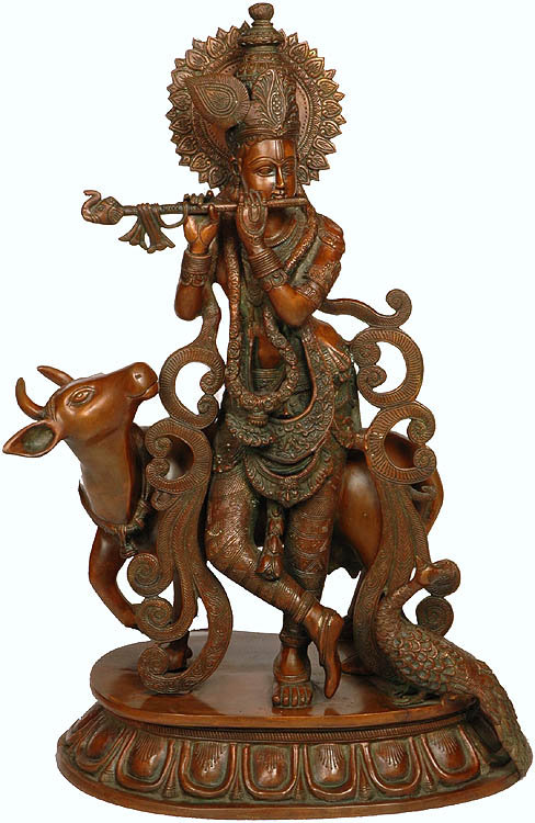 Brass Krishna Fluting Statue with Cow and Peacock, 21.5 in. Large | Hindu Mythological Figurine for Home Temple & Living Room