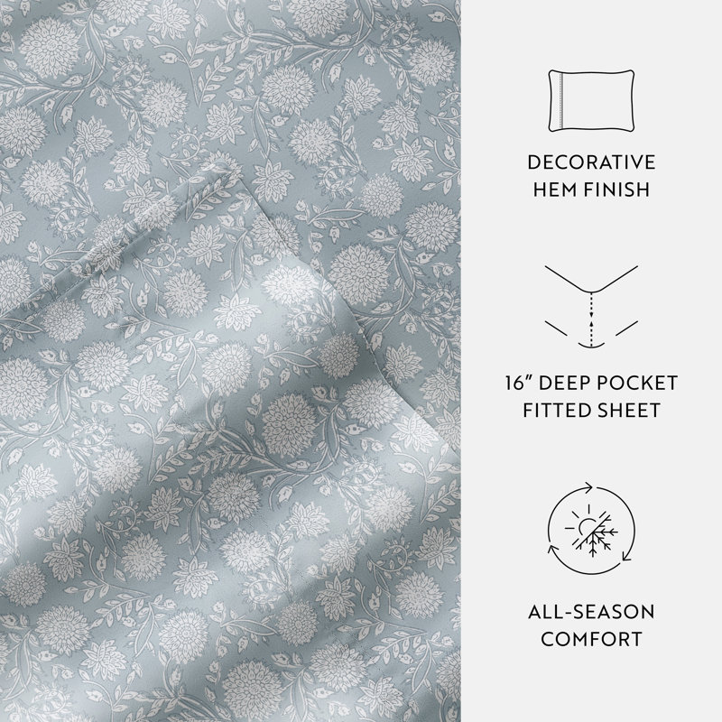 King Size Blue Cotton Floral Deep Pocket Sheet Set
