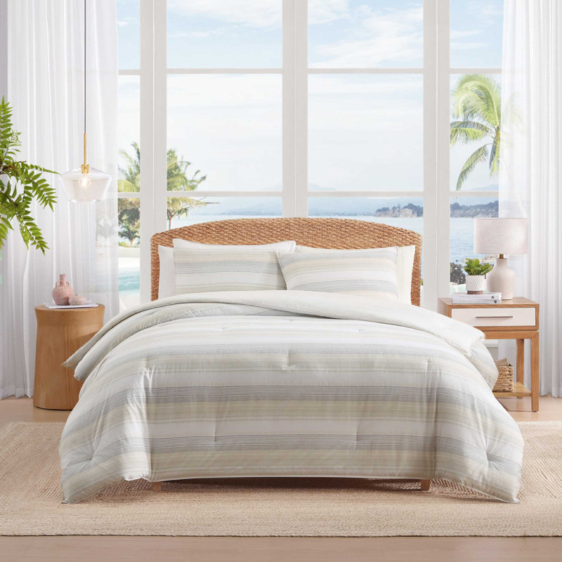 Tommy Bahama Canal Island Stripe Cotton Grey Comforter Set, King Comforter + 2 King Shams