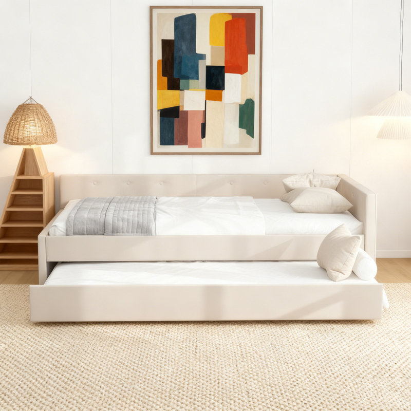 Lit plateforme tapissier avec port USB et lit gigogne simple, Lit double
