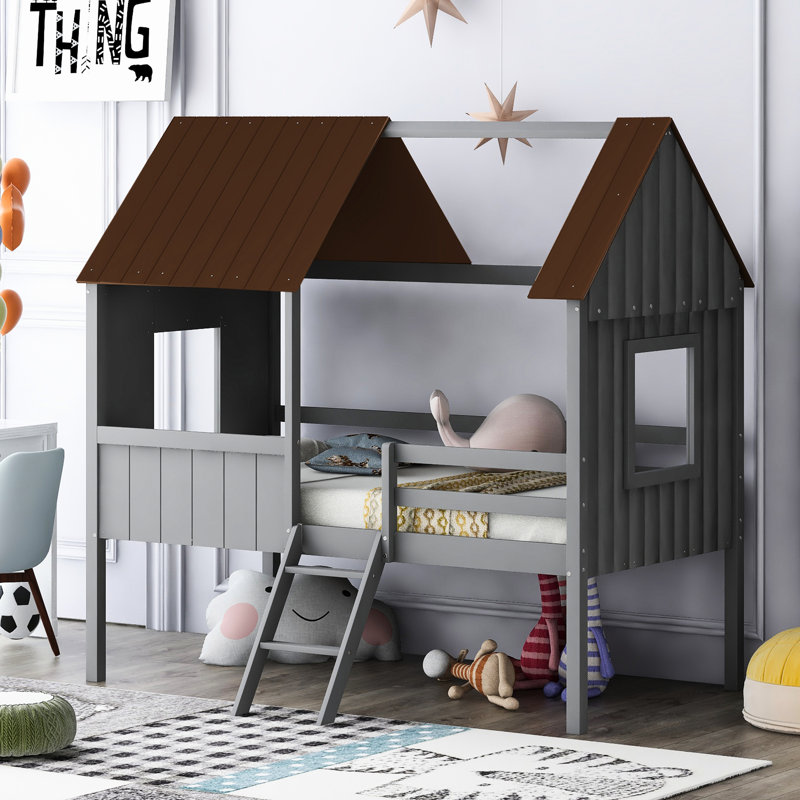 Lit mezzanine simple en bois avec deux fenêtres latérales - Améliore la tranquillité et la sécurité de la chambre (le gris rend les chambres plus amusantes