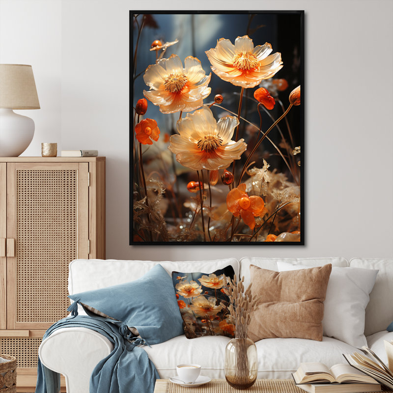 «Peach Sunkissed Petals Wildflowers I», reproduction sur toile, H 32 po x l 24 po, Cadre flottant noir