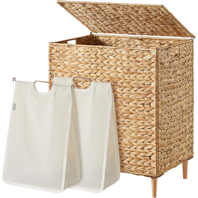 130L Handwoven Water Hyacinth Laundry Hamper, 2 Sections, Removable Liners