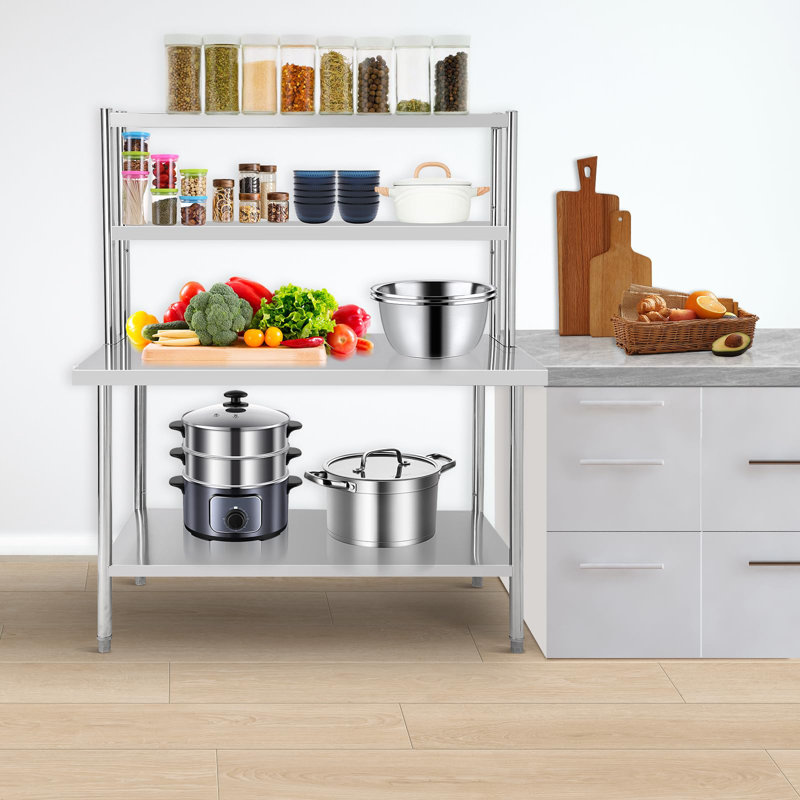 Table de travail commerciale en acier inoxydable robuste - Surface de préparation spacieuse de 48 po x 30 po - 2 tablettes réglables, sur tablettes - Support de service alimentaire pour restaurants, cuisines, garages - Hauteur totale 67 po