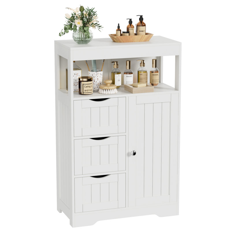 Bathroom Floor Cabinet, Wooden Free-Standing Storage Organizer with 1 Door and 3 Drawers, Bathroom Storage Cabinet for Living Room/Kitchen/Hallway/Home Office