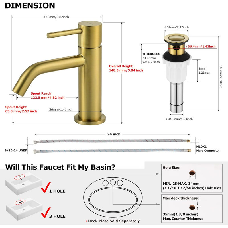 Single-Hole Single-handle Bathroom Faucet with Drain Assembly, Brushed Gold