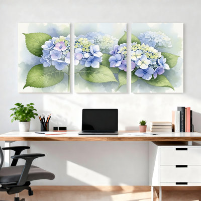 «Hydrangea», impression sur toile tendue à l'aquarelle sur toile, ensemble de 3