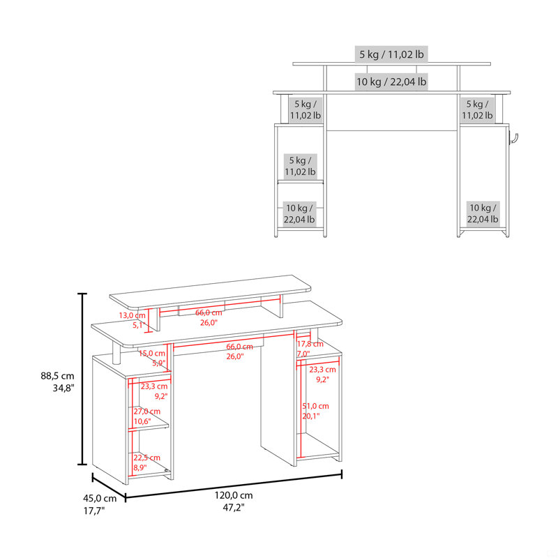 Bureau 47 po à 2 niveaux avec 3 tablettes et support pour tour d'ordinateur