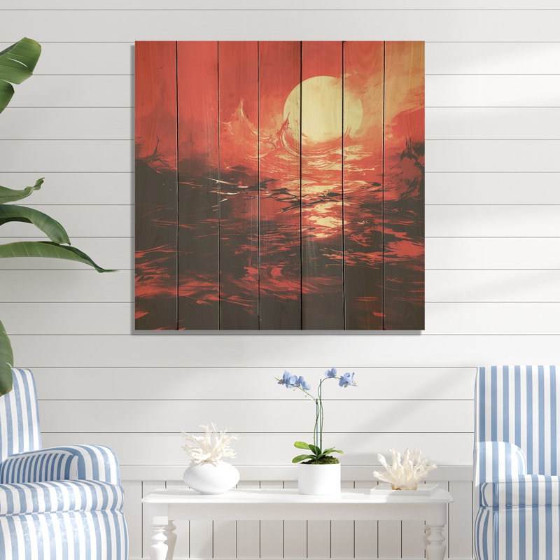 Red Crimson Sunset Storm - coucher de soleil côtier sur bois, H 15 po x l 15 po