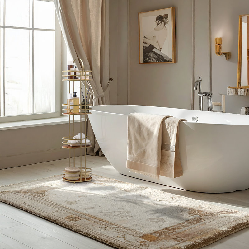 Organisateur de tablette de rangement de salle de bain ovale 4 étages avec accents en bois d'acacia, Doré