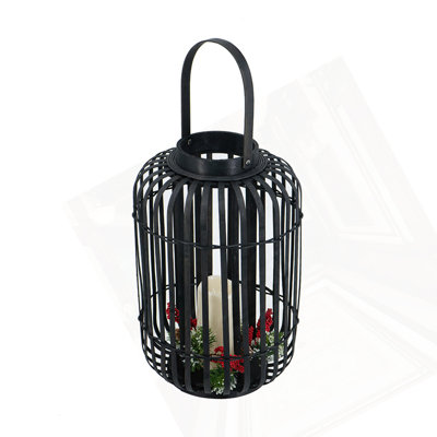 Lanterne en bambou noir 10,2 x 10,2 x 16,3 po avec bougie DEL blanche