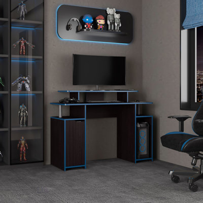 Keria 47 Inch Wide 2-Tier Gamer Desk With Three Shelves And PC Tower Stand, Black, For Enhanced Gaming And Work Efficiency