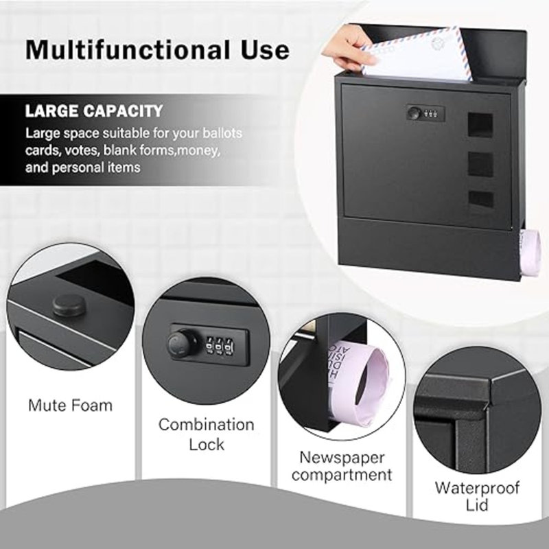 Black Metal Wall Mounted Mailbox with Combination Lock and Newspaper Compartment