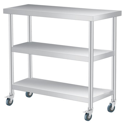Stainless Steel Table, 18 x 36 in, 3-Tier Metal Prep Table with 2 Lockable Wheels, Undershelf, Commercial Kitchen Utility Workstation for Restaurant, Hotel, Laundry, Garage, Indoor, Outdoor, BBQ