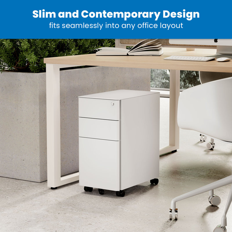 Mount-It Mobile File Pedestal Cabinet with 3 Drawers & Lock, Slim Design Under Desk Storage, White