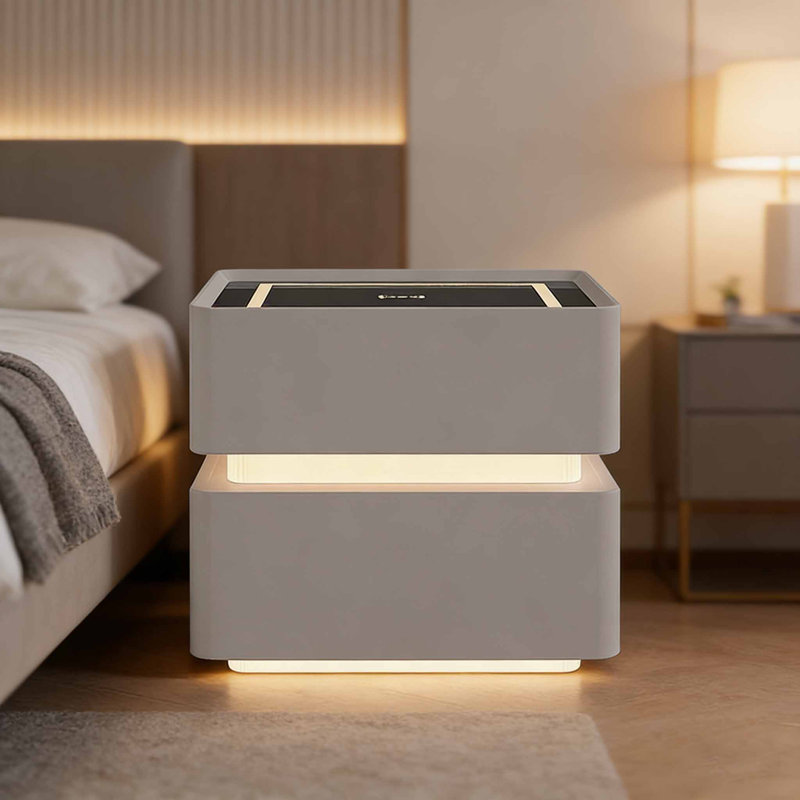 2-drawer Modern Smart Nightstand With Led Lighting And Wireless Charging, Gray